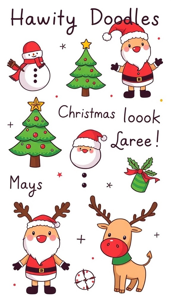 Cute Christmas Doodles and Drawings Cute Christmas doodles featuring a snowman, tree, Santa, and reindeer in a playful style.